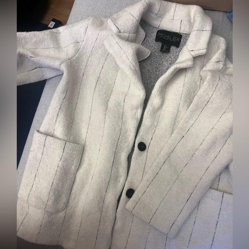Rachel Zoe Oversized Wool Pin Striped Ivory Snap On Blazer Coat Pockets